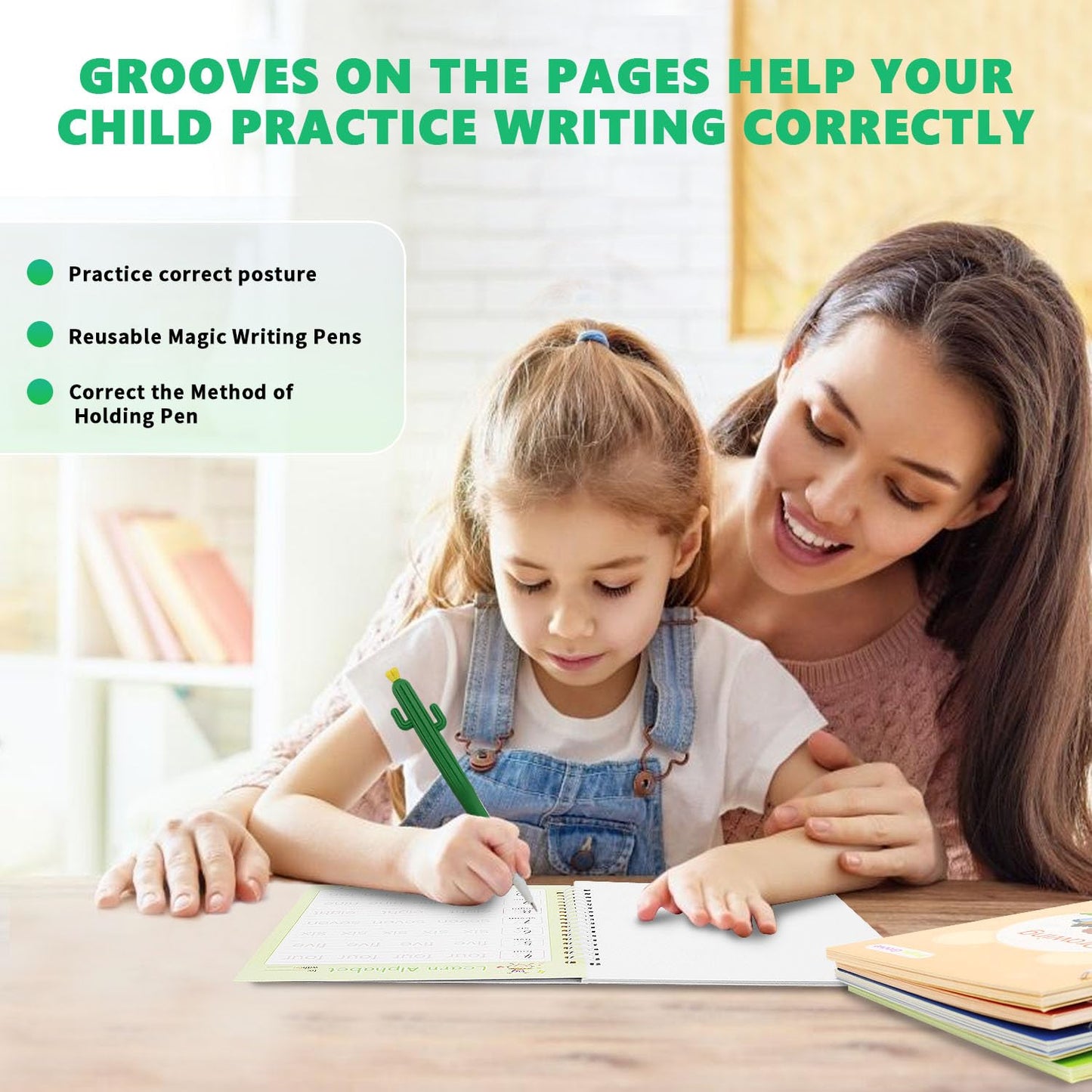 Magic Groove Practice Copybook for Kids, Reusable Writing Practice Book, Grooved Handwriting Book Set for Kids Ages 3-8 Calligraphy 5.59 * 7.91 (5 Medium Books with Cactus Pens & Gift Box)