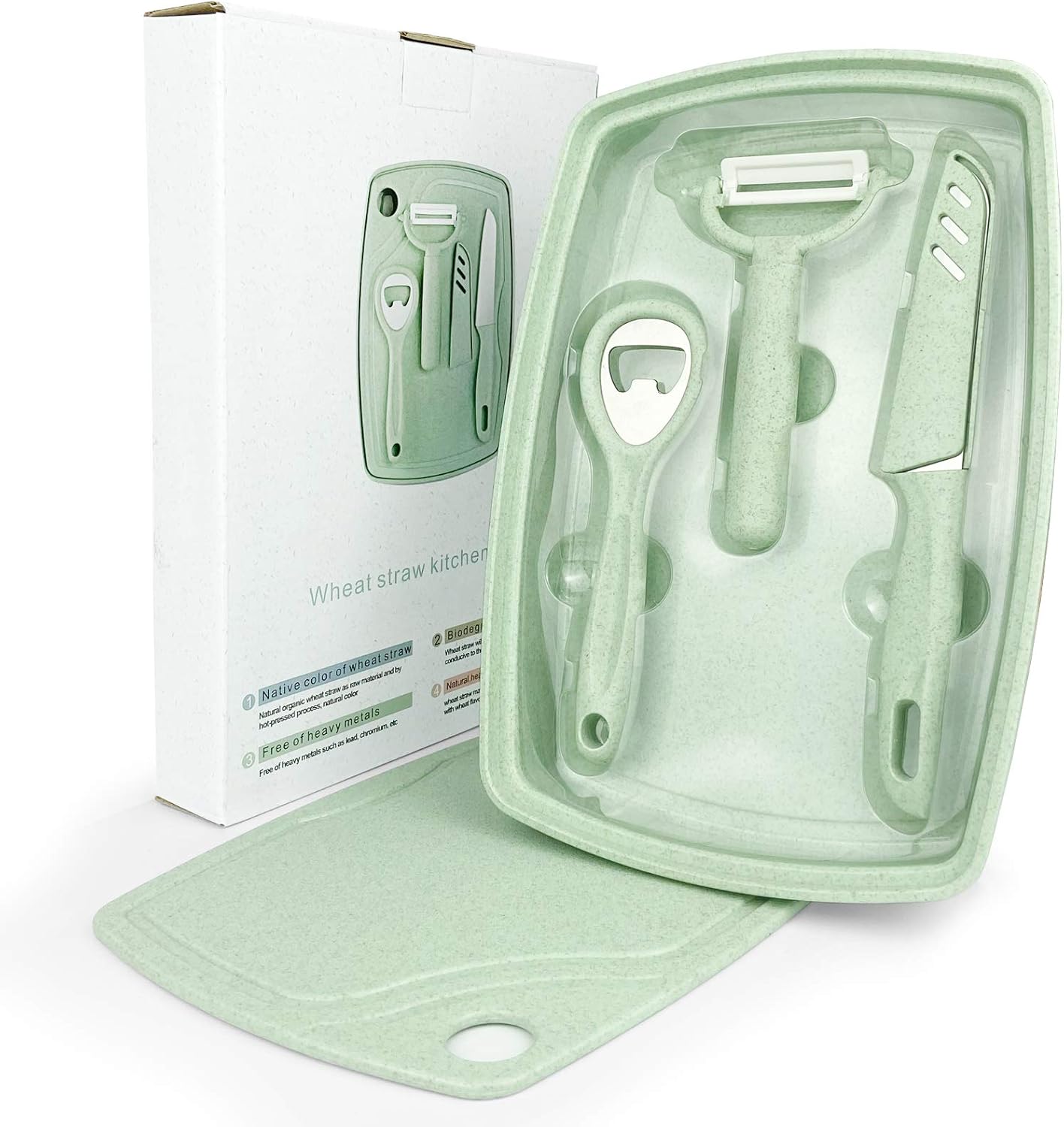 CARTINTS 5 In1 Camping Cutting Board For Kitchen Plastic Cutting Board Set with Bottle Opener, Peeler, Kitchen Knife, Serving Tray, Cutting Board, Dishwasher Safe Green