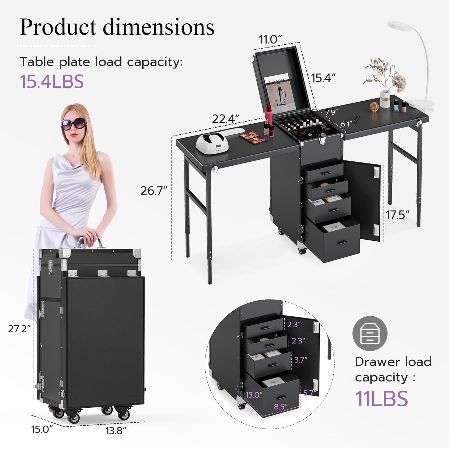 Icoget Portable Nail Table Desk, Foldable Rolling Manicure Table with Wheel, Makeup Train Case for Nail Teach, 2 Desktop Cosmetic Trolley Case, Black