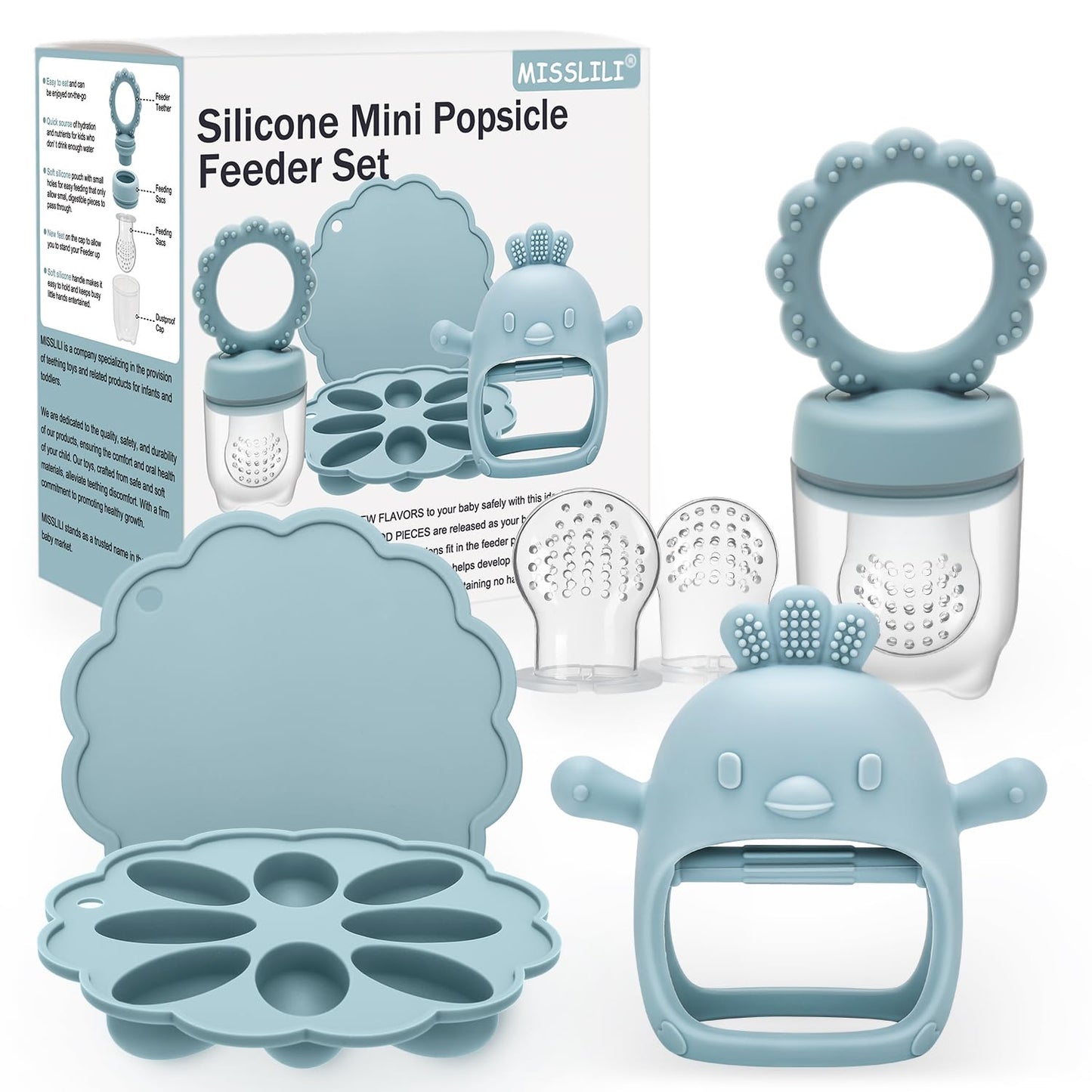 MISSLILI Baby Silicone Fruit Food Feeder & Pacifier, Breastmilk Popsicle Molds, BPA Free Food Storage Containers, Infant Teething Toy (Blue)