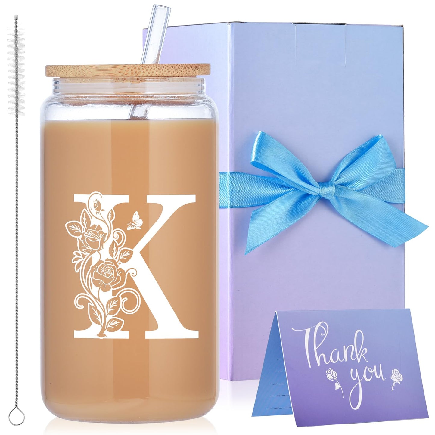 Initial Glass Cups with Lids and Straws, Monogrammed Gifts for Women, 16oz Beer Glass Tumbler, Iced Coffee Mug, Personalized Gift with Box and Card. Employee Appreciation Gifts Birthday Gift for Her