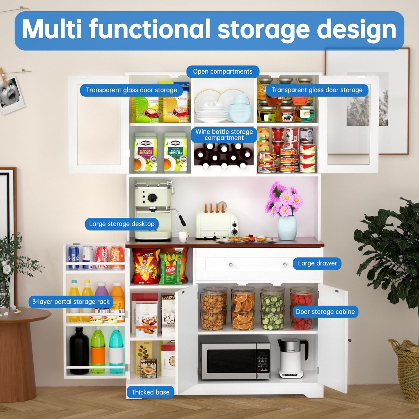 ANDSWANIE Kitchen Pantry Storage Cabinet,White Wood Tall Food Pantry Cabinet with Swing Out Doors,Microwave Stand and Storage,for Coffee Bar Farmhouse Buffet Kitchen Hutch Cabinets (White)