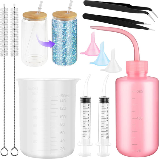 VEEVIIY 11 Piece Snow Globe Tumbler Supplies DIY Craft Kit for Glitter Snowglobe Cups, Includes 3 Funnels, 2 Syringes, Tweezers and Hole Brushes, 1 Squeeze Bottle and Measuring Cups