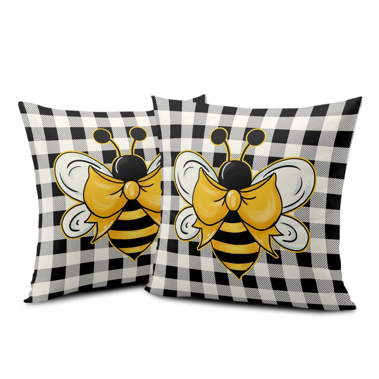 Kwlegh Yellow Bumble Bee Pillow Covers 18x18 Set of 2 Black White Buffalo Plaid Pillow Covers Summer Spring Themed Decorative Cushion Cases Home Decor for Couch Bed Holiday