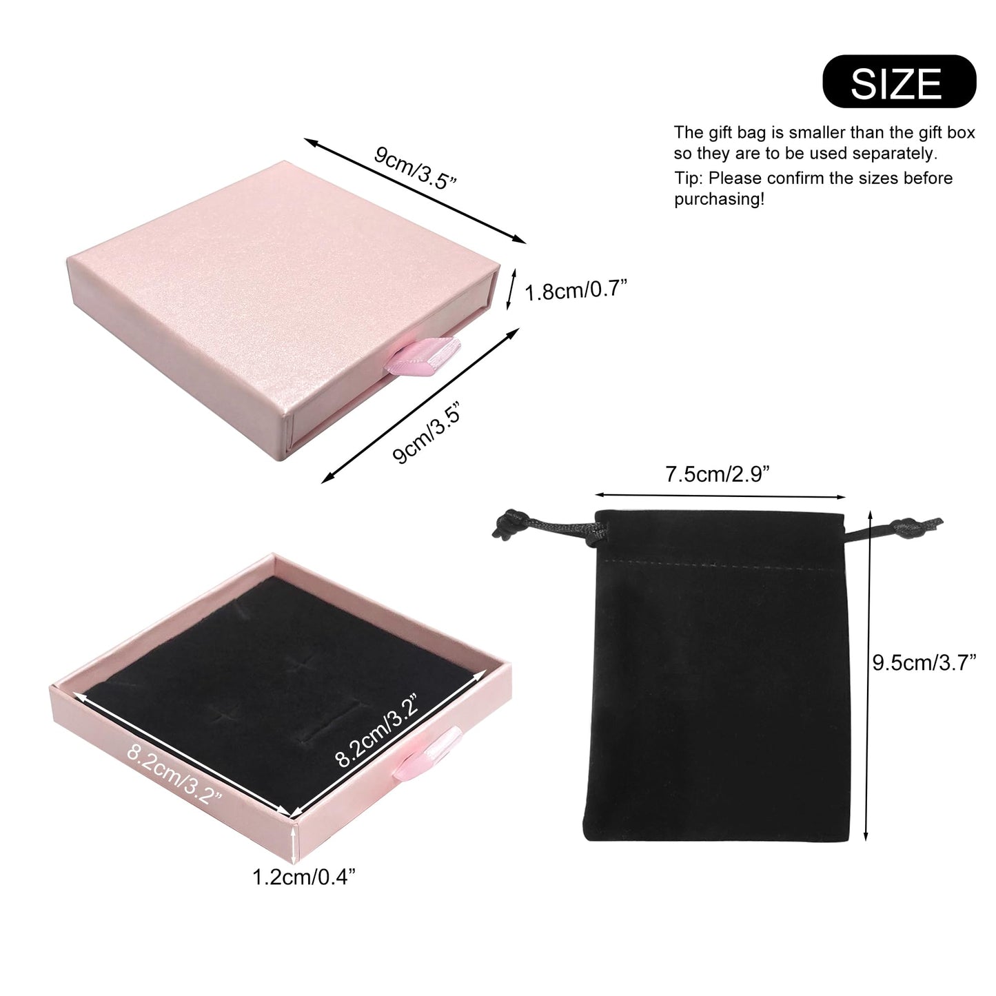 Quacc Small Jewelry Gift Box and Velvet Bag, Necklace Bracelet Earring Cardboard Organizer Square Jewellery Gift Box Pendent Storage Case for Birthday Xmas Christmas Wrapping (Pink)