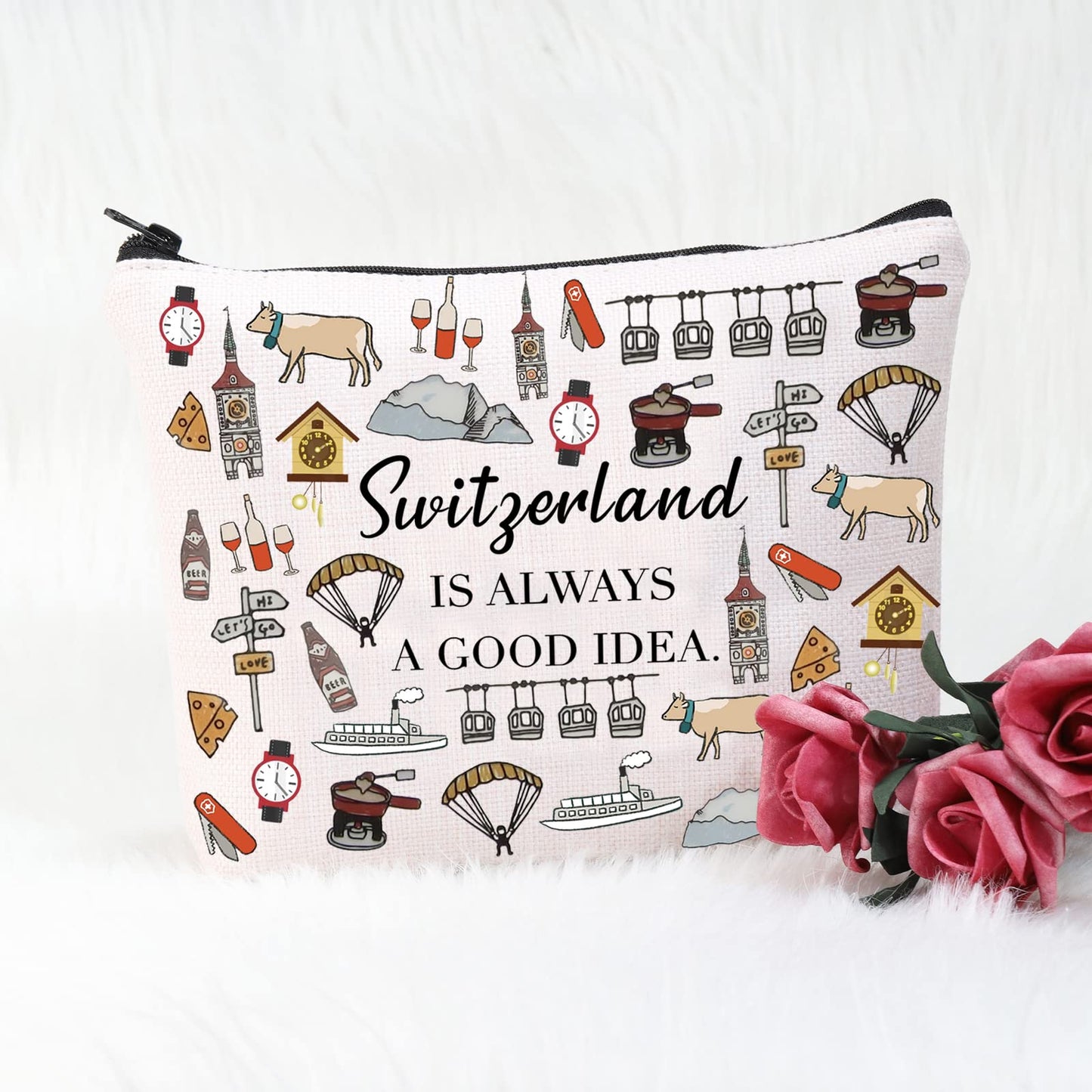 POFULL Swiss Mountains Gift Switzerland Is Always A Good Idea Cosmetic Bag Europe Trip Gift (Switzerland Is Always Cosmetic Bag)