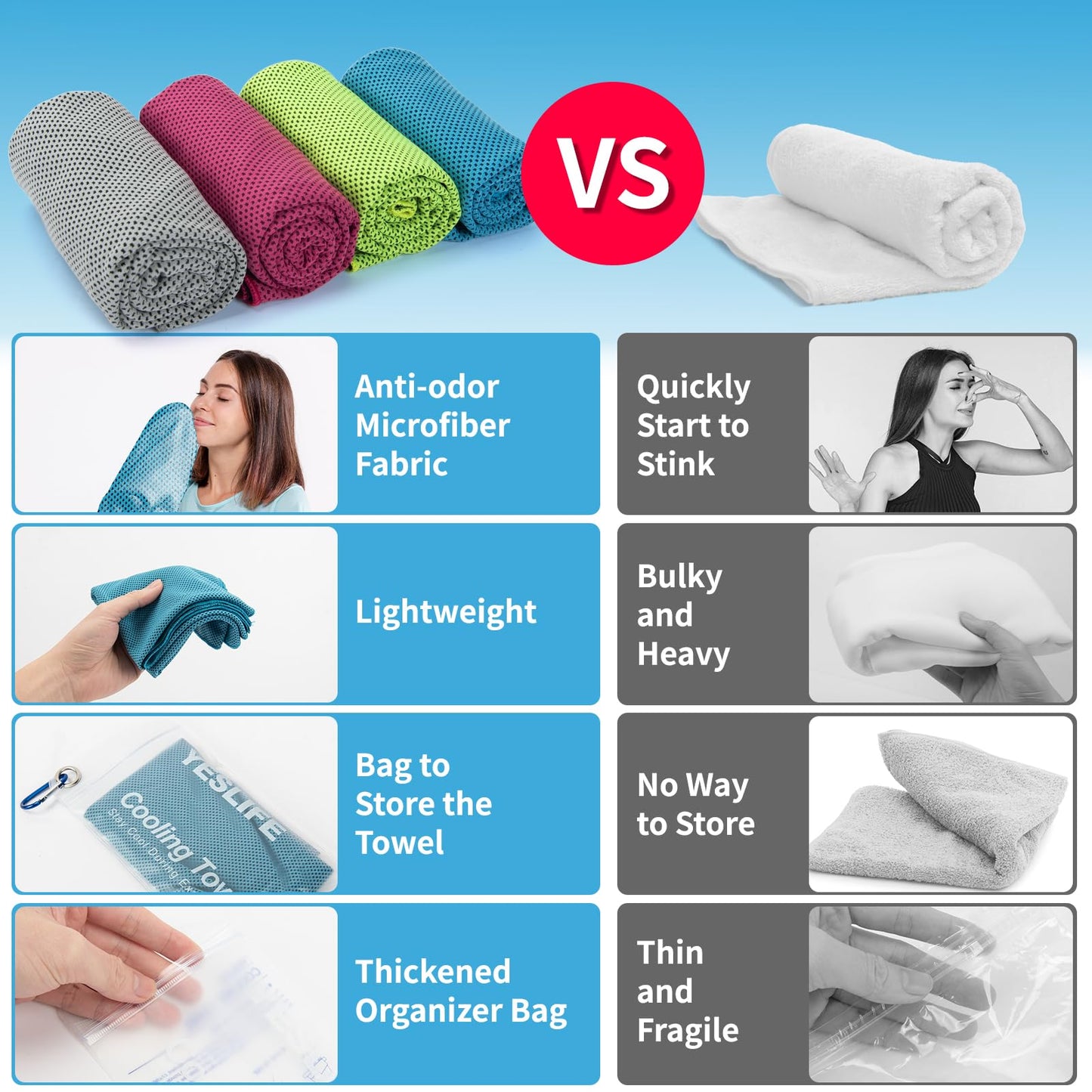 YESLIFE 4 Pack Cooling Towel 40"x12", Gym Towels for Men and Women, Soft Breathable Workout Towels for Yoga, Running, Sport, & More (Blue, Grey, Green, Pink)
