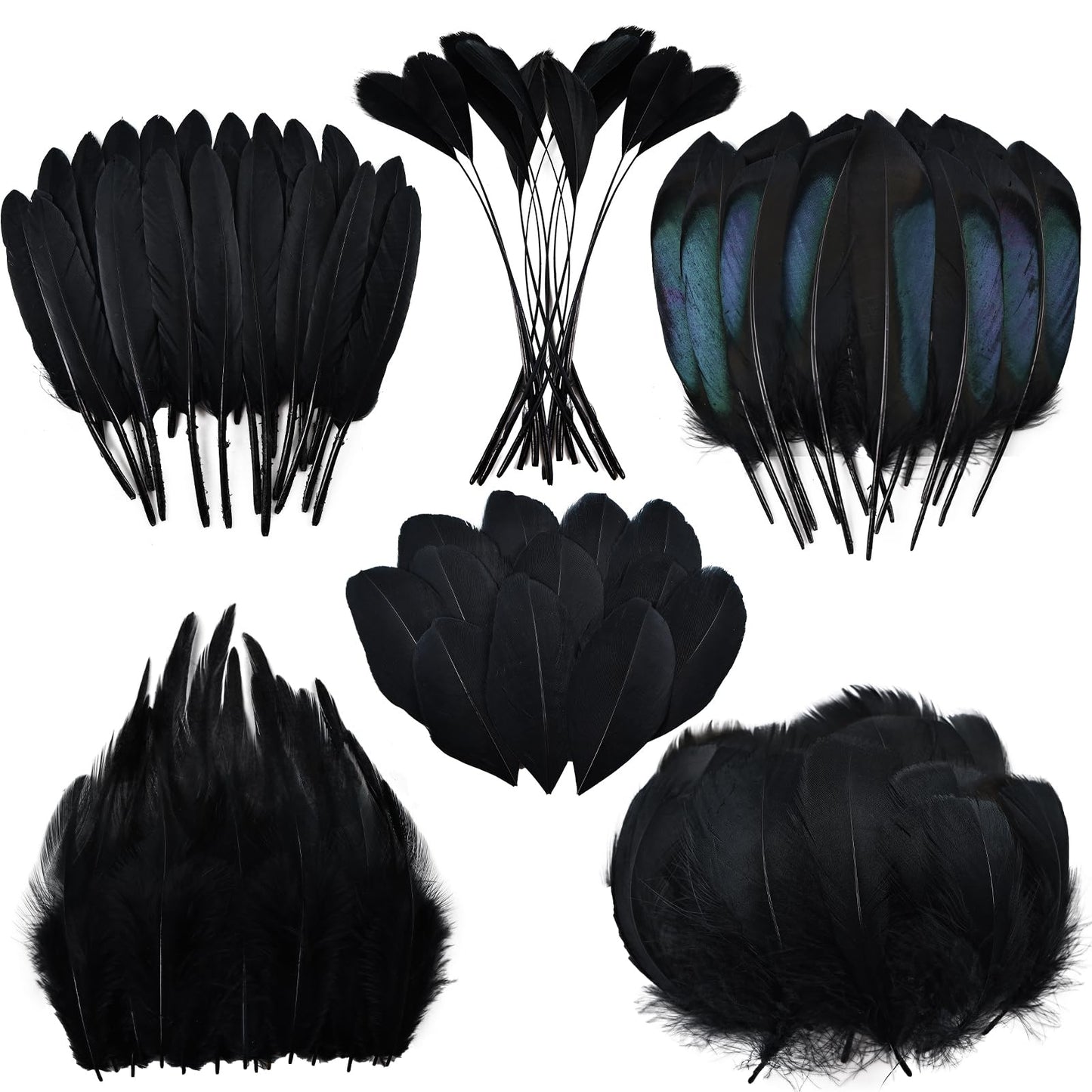 Black Craft Feathers Bulk-180pcs 6 Style Mixed Natural Feathers for Wedding Home Party, Dream Catcher Supplies and DIY Crafts (Black)
