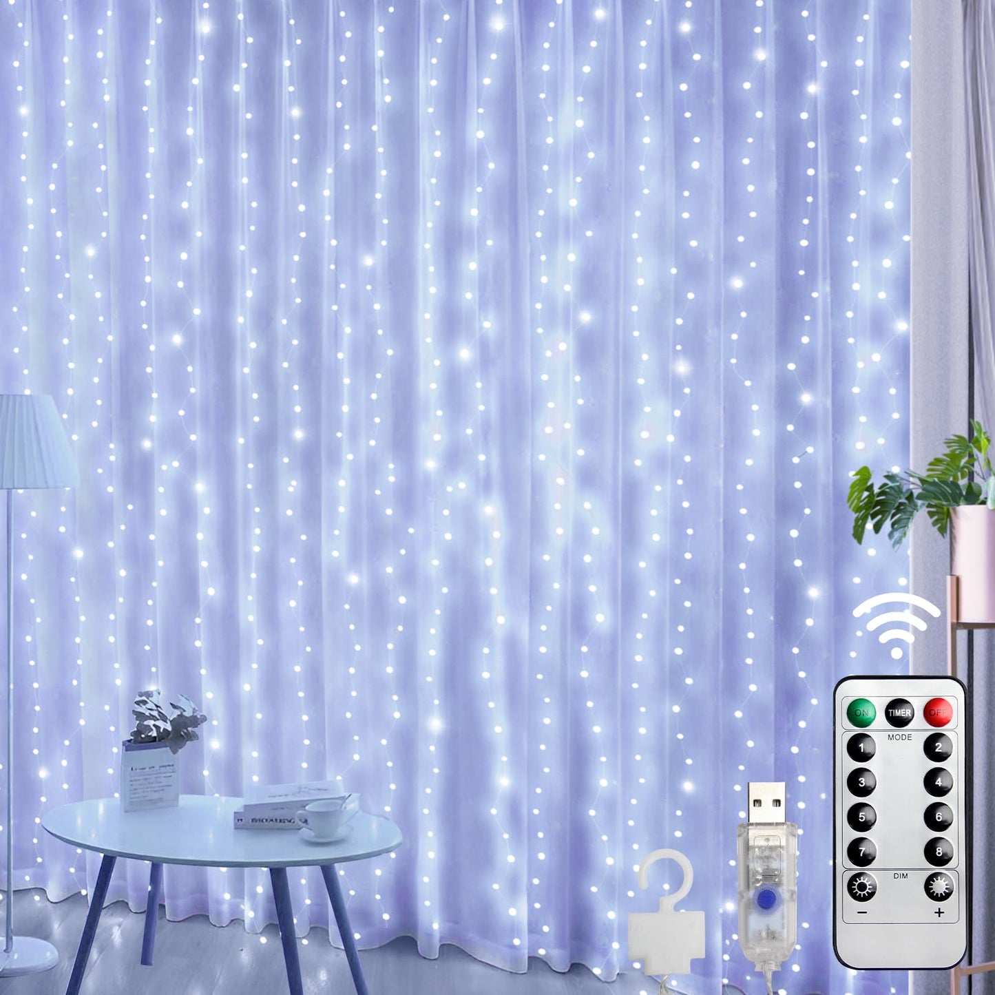 DOVORSY 2 Pc 300 LED Fairy Curtain Light,9.8x9.8Ft Cold White USB Plug in 8 Modes Christmas String Waterproof Lights for Bedroom,Wedding,Party,Garden,Outdoor&Indoor Wall Decorations Twinkle Lights