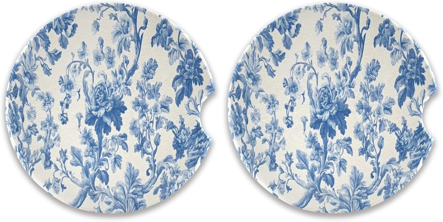 Car Cup Coaster 2 Pack Absorbent Car Coasters for Drinks Blue Flowers Ceramic Cup Holder with Finger Notch for Women and Men 2.5 inch Car Interior Accessories