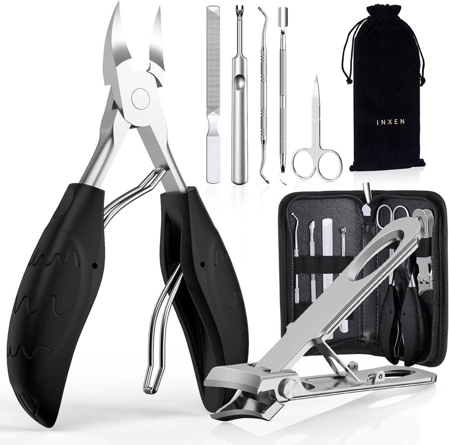 Toenail Clippers for Thick Nails for Seniors| INXEN 3-Pack Ergonomic Heavy Duty Angled Head Nail Clippers with Catcher | Premium Steel Wide Opening Fingernail Clippers Nail Cutter for Men & Women