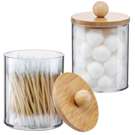 Paquete de 4 dispensadores Qtip con tapas de bambú, recipientes de plástico transparente de 10 onzas para almacenamiento organizador de maquillaje de tocador, juego de accesorios de baño para hisopos de algodón, bolas, almohadillas, hilo dental.