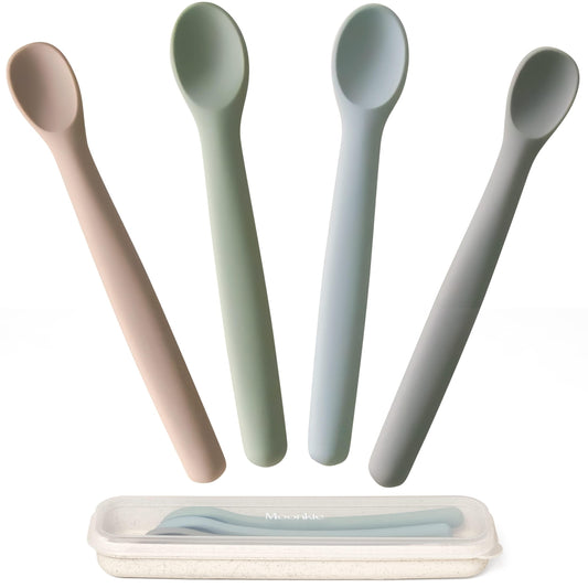 Moonkie Silicone Baby Spoons Set of 4, Two Sizes Feeding Spoon for First Stage 4+ Months, Baby Utensils with Case, Toddler Led Weaning Spoons, Bendable, Chewproof & Boil-proof