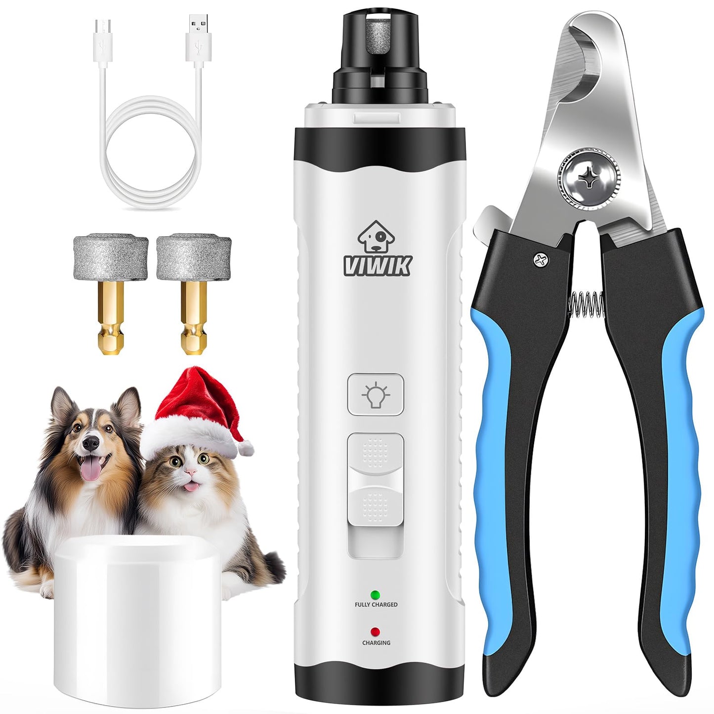 VIWIK Dog Nail Grinder with Dog Nail Trimmers, Dog Nail Clippers Kit for Large Medium Small Dogs & Cats, Quiet Electric 2-Speed USB Rechargeable Pet Nail Grinder with Light, Gifts for Dog Lovers