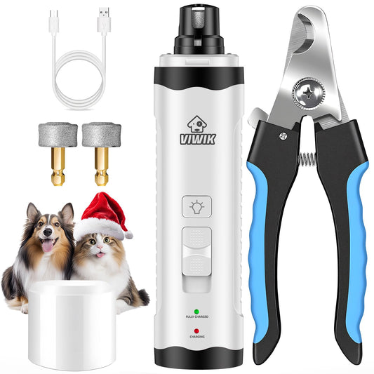 VIWIK Dog Nail Grinder with Dog Nail Trimmers, Dog Nail Clippers Kit for Large Medium Small Dogs & Cats, Quiet Electric 2-Speed USB Rechargeable Pet Nail Grinder with Light, Gifts for Dog Lovers