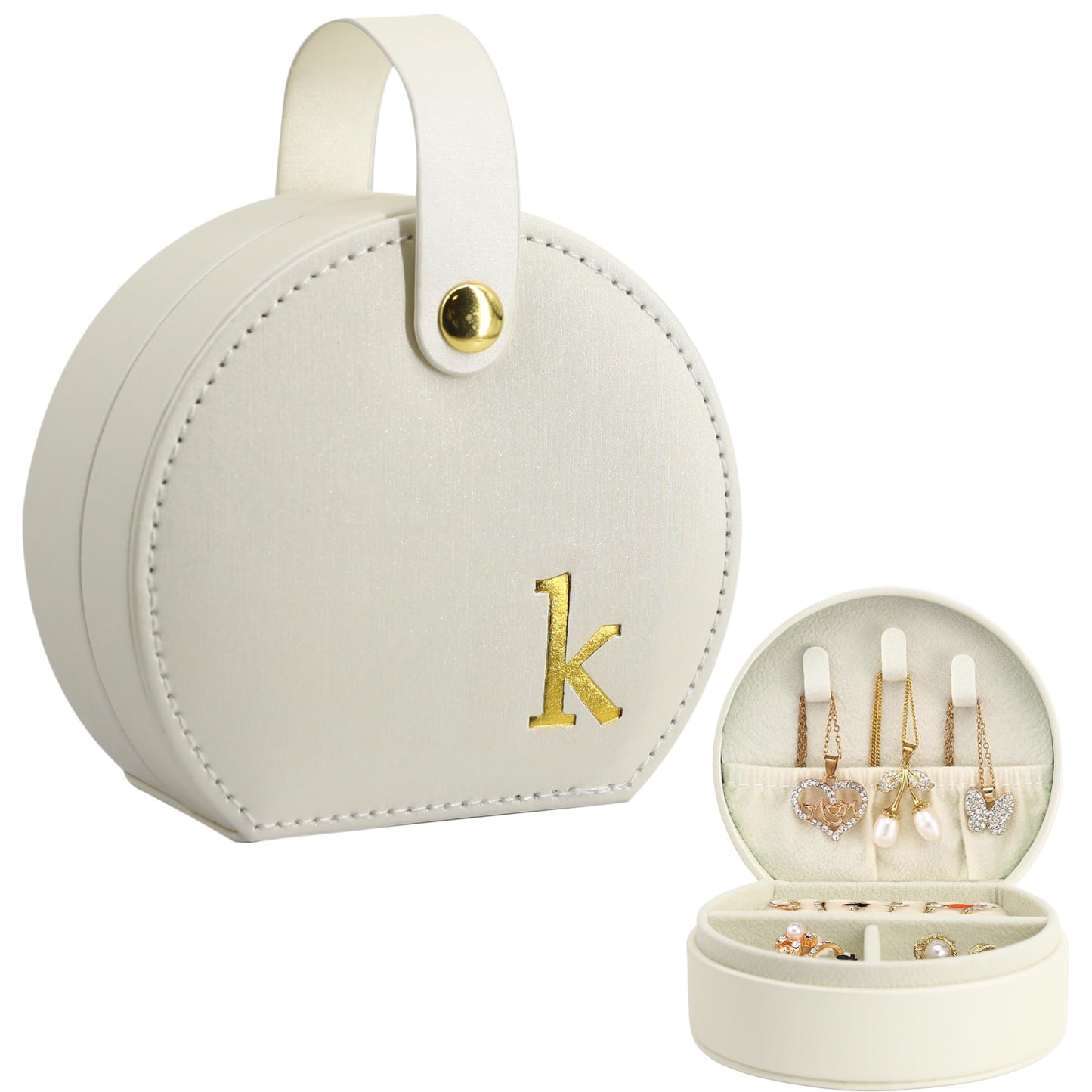 COLLECTIVE HOME - Travel Jewelry Case, Elegant Half-Moon Design with Gold Monogram, Detachable Handle, Personalized Accessory Organizer, Gift for Fashion-Forward Women and Teens (m)