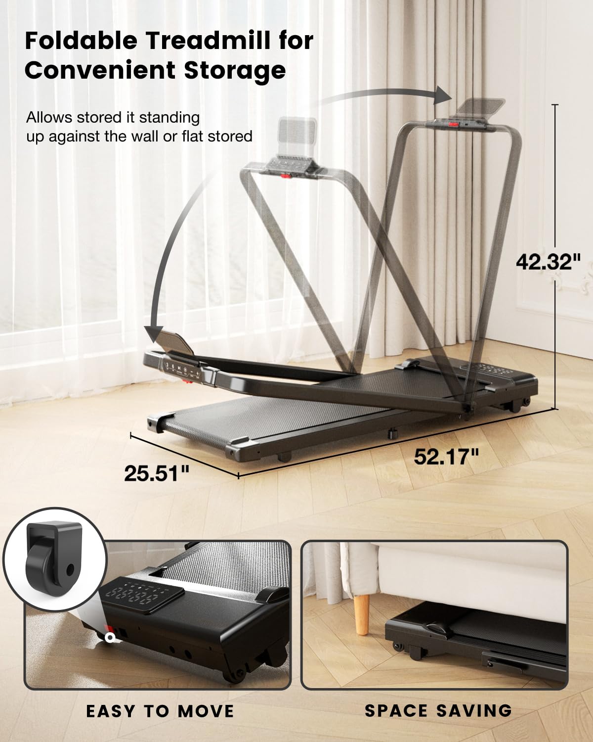 DeerRun 3 in 1 Walking Pad Treadmill, 300 Weight Capacity Foldable Treadmill, 3.0HP Low Noise Under Desk Treadmills for Home Office with Remote & APP