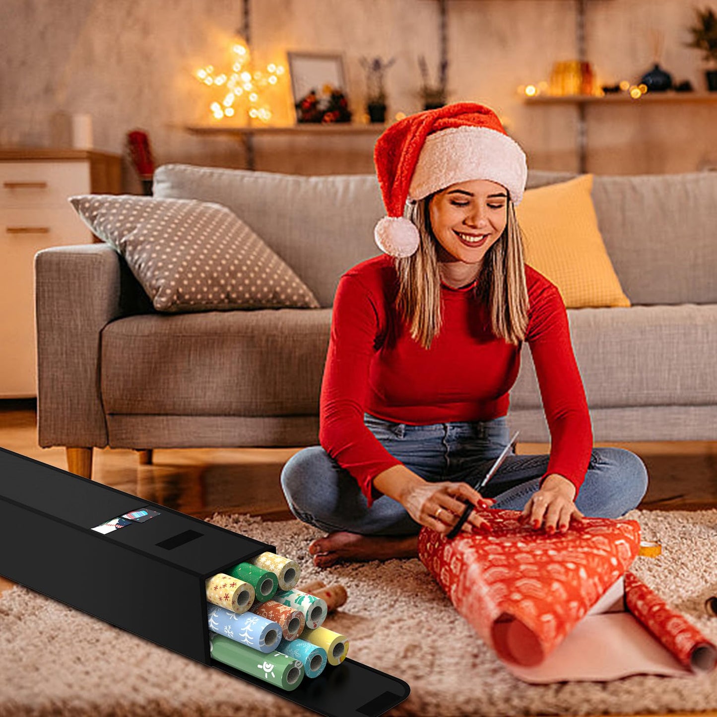 Bonnary Wrapping Paper Storage Bag (31 * 5.5 * 5.5 Inch), Gift Organizer With Pocket and Velcro for Brown/Wall/Sticky Back Plastic Roll, Kraft/Craft/Poster Roll