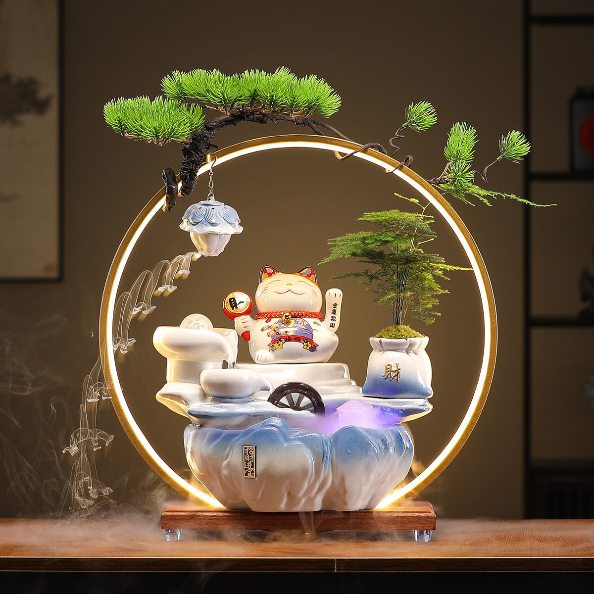 TXYXT Indoor Tabletop Waterfall Fountain with Chinese Ceramic Lucky Cat Waving Arm Figurine，Desktop Mini Water Fountain Decoration，LED Light Ring Backflow Incense Burner for Desk