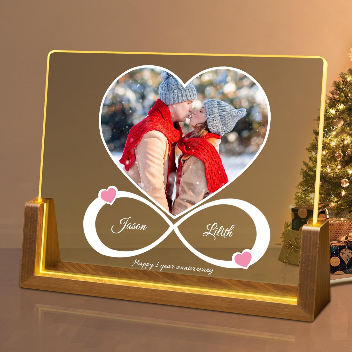 Customized Spotify Plaque Gifts, Personalized Acrylic Music Plaque with Photo, Valentine's Gifts for Girlfriend, Walnut Frame Seven Colors LED Light,Romantic for Anniversary