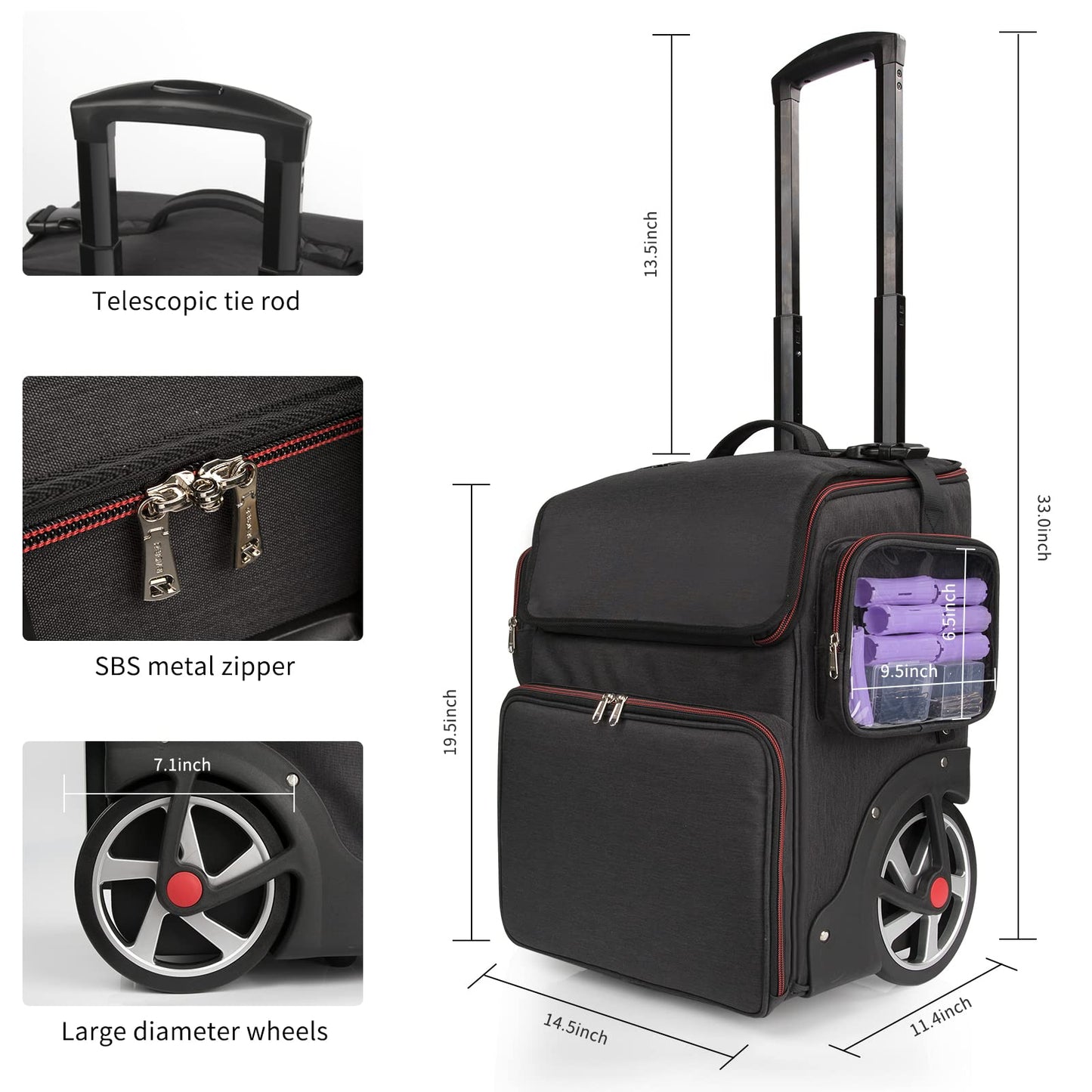 Large Makeup Train Case,Cosmetic Makeup Case for Hairstylist, Hairdresser Bag with Detachable Pouch,Heat Insulation and Anti-scalding Full layer for Hairdressing Tool Organizer Trolley with wheels