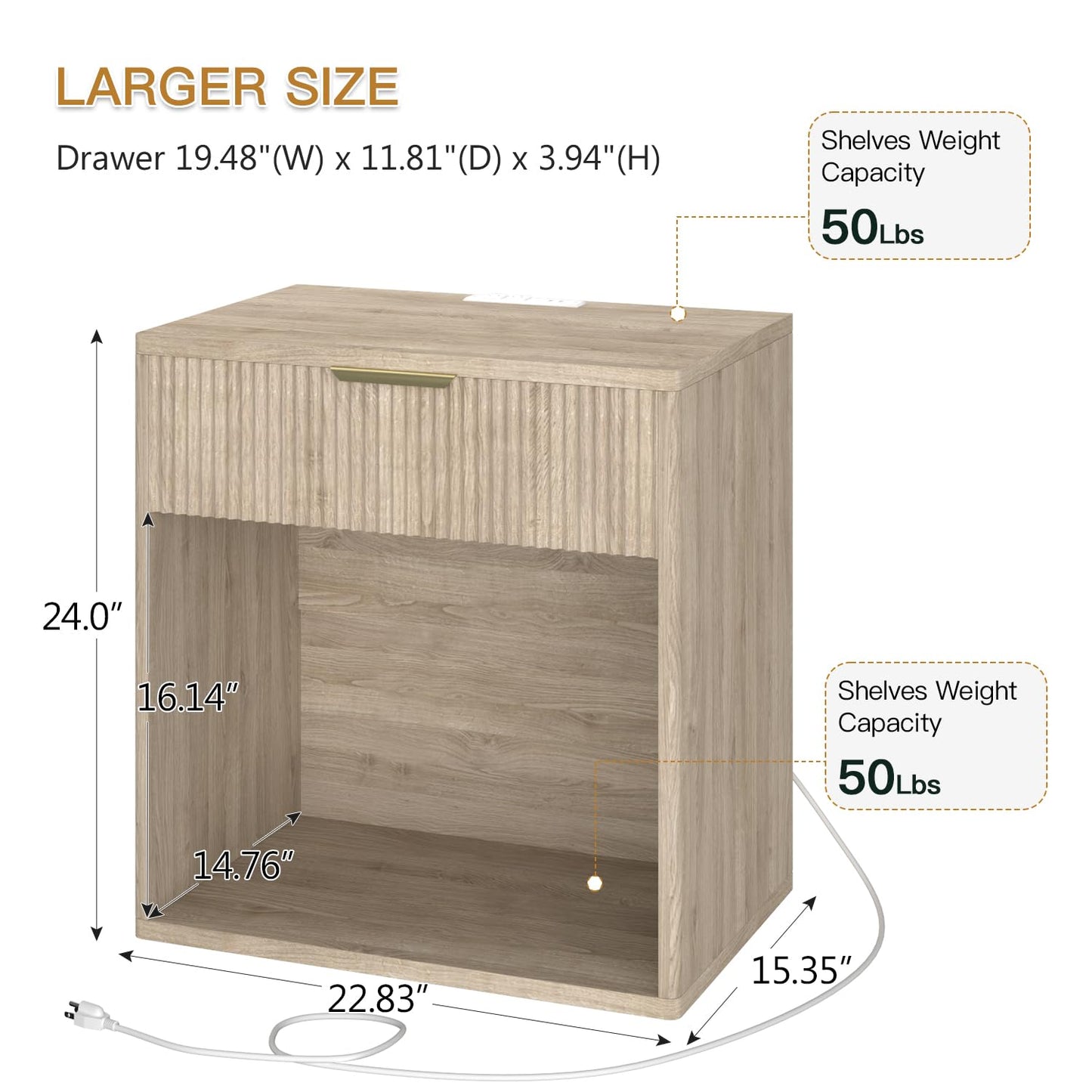 EROMMY Fluted Nightstand with Charging Station, 23” Wide Modern Bedside Table with Drawer, Mid Century Nightstand End Table for Bedroom, Curved Profile, Natural Oak