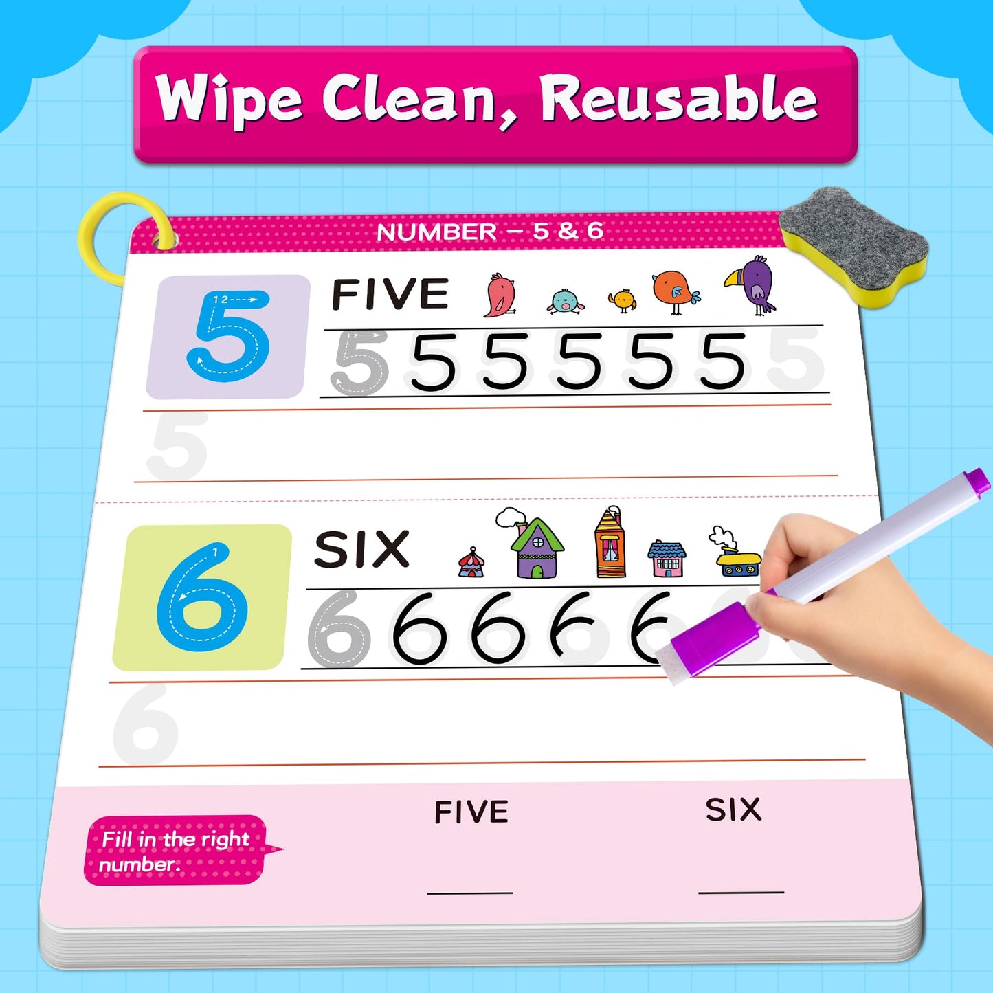 HOQEEWIPE Preschool Learning Activities - Reusable Handwriting Tracing Books for Kids, PreK Kindergarten Workbooks, CVC Word Game, Numbers & Alphabet Educational Learning Toys for 3, 4, 5, 6 Year Old