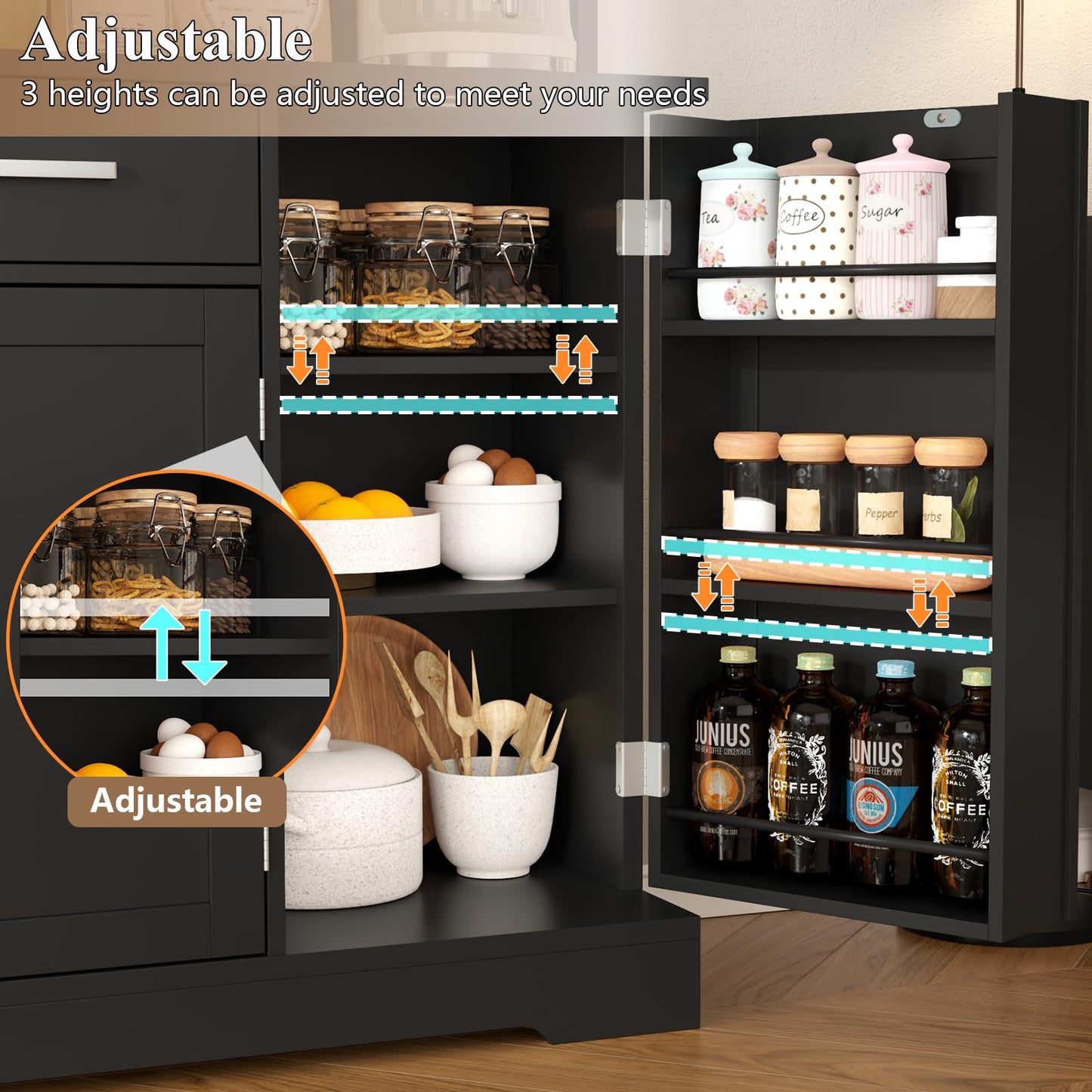 Kitchen Pantry Storage Cabinet with 2 Drawers, Tall Kitchen Hutch Cabinet with Microwave Shelf, Modern Buffet Cabinets with Goblet Holders, Food Pantry with Adjustable Shelves for Dining Room, Black