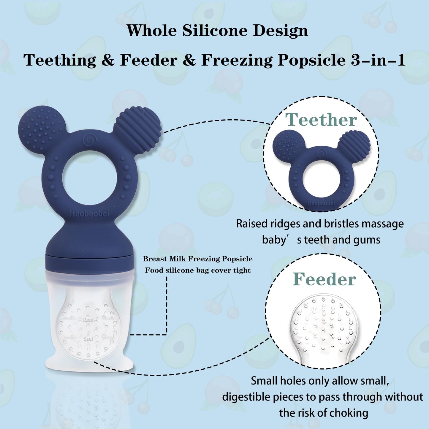 HAOBAOBEI Baby Fruit Feeder, Frozen Teething Toys, Infants Teether Pacifier with 3 Extra Teats, Toddler Eating Essentials, BPA Free Feeding Supplies (Steel Blue)