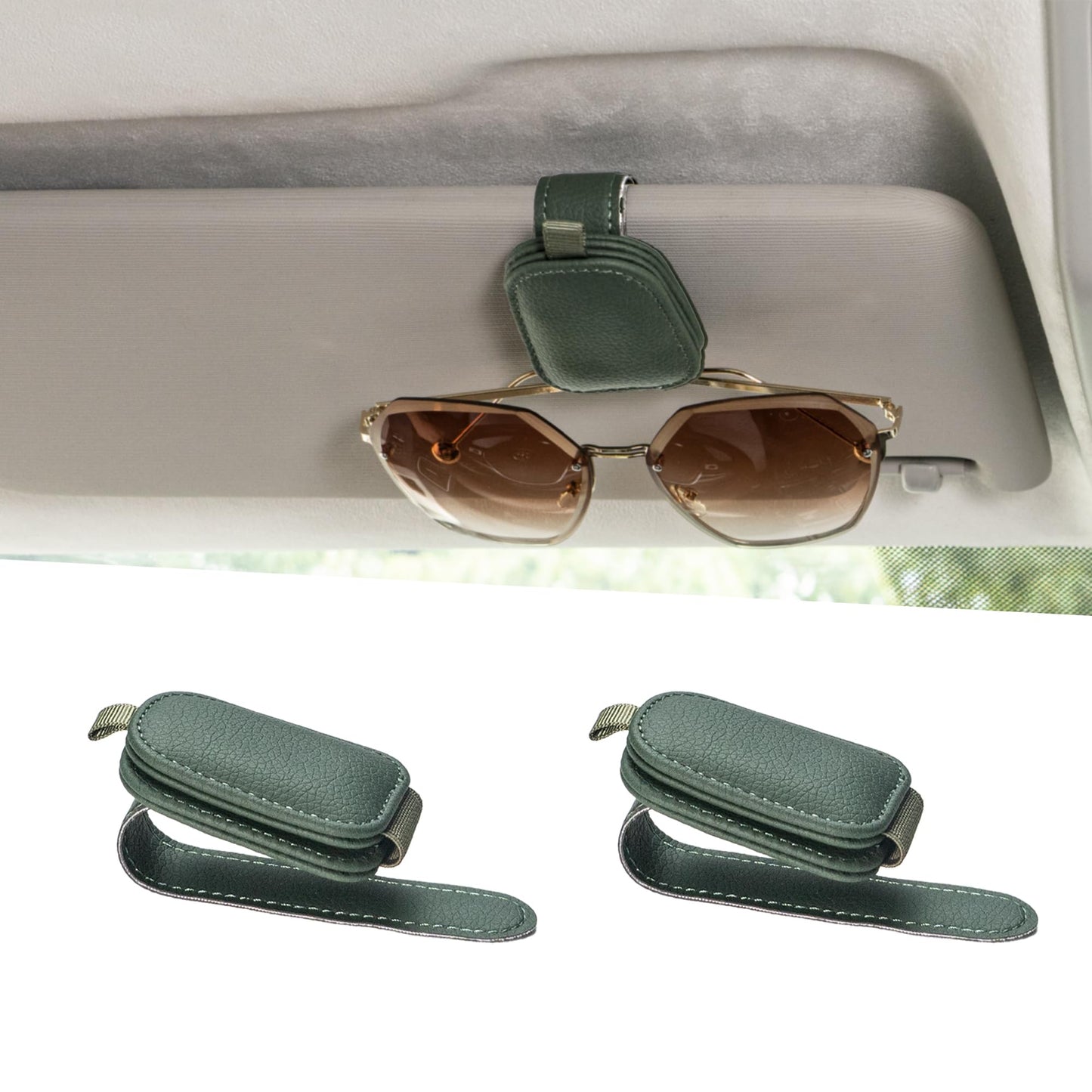 Yuoyar 2 Packs Sunglasses Holders for Car Visor - Magnetic Leather Sunglasses Holder and Ticket Card Clip - Car Visor Accessories (Silver Grey)