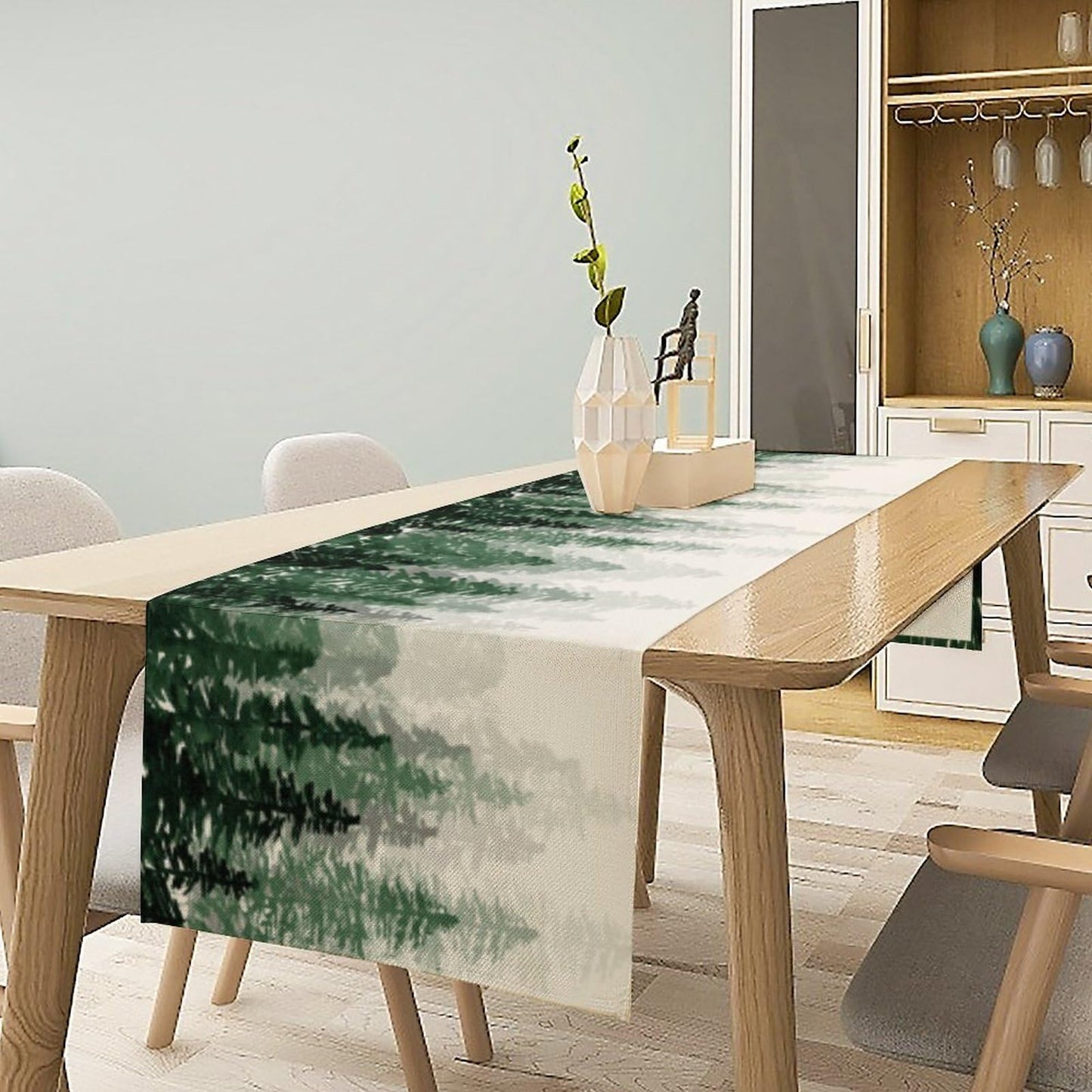 Green Forest Pine Trees Table Runner, Woodland Tabletop Scarf Home Kitchen Holiday Decor, Seasonal Farmhouse Rustic Dining Decorations Party Supply 13 X 60 Inch