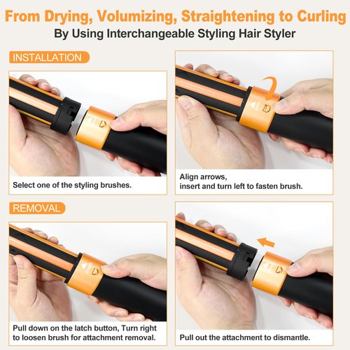 Air Styler Hair Dryer Brush - 110000 RPM Powerful Blow Dryer Brush for Professional Fast Drying, Curling, Volumizing, Multi-Styler with Auto-Wrap Curlers, Oval Brush, Round Nozzle (Black-Orange)