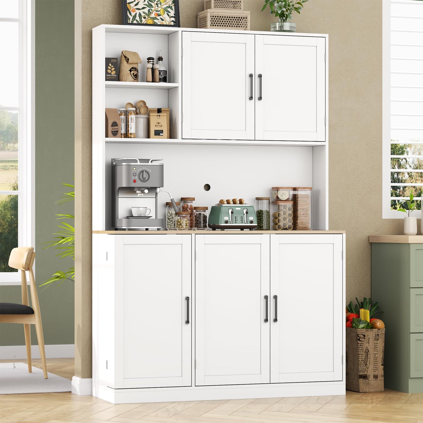 71" Tall Kitchen Pantry Cabinet, Kitchen Pantries with 3 Pull-out Drawers, Storage Cabinets with Hutch & Door Shelves & Microwave Coffee Stand, Pantry Organizer for Dining Room, Living Room (White)