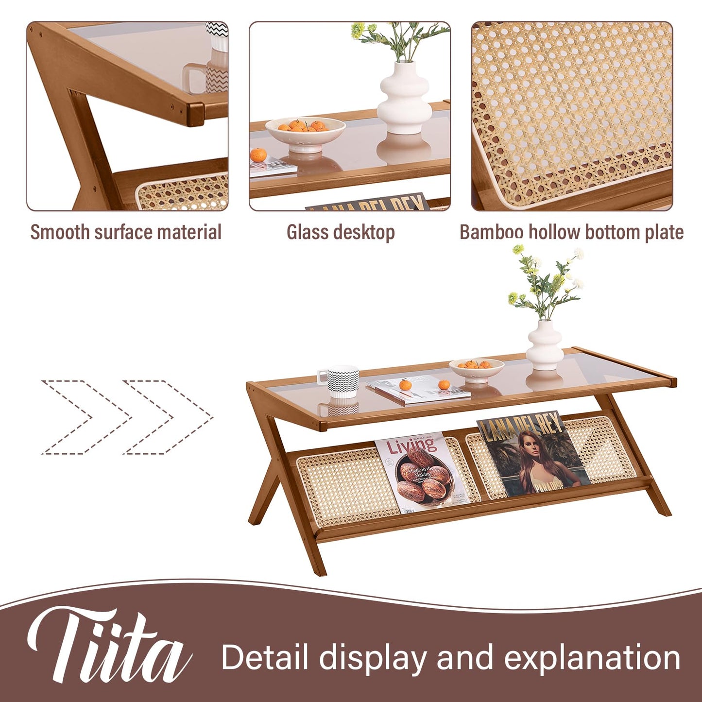 Tiita Rattan Coffee Table, Bamboo Accent Bedside Tables, Glass Nightstand Side Table, Boho Wooden End Table with Storage for Living Room,Living Room, Dining Room, Tea, Home Décor