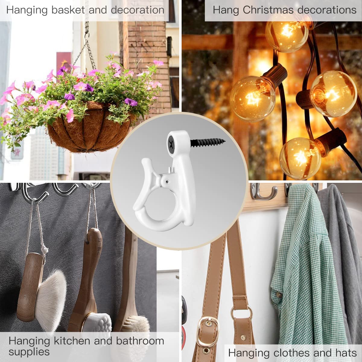 GEZIDEA Light Hanger Hooks,String Light Hooks,Screw-in Hooks for Hanging String Lights and Wire,Plants,Wind Chimes,Plastic,White,20 Pack