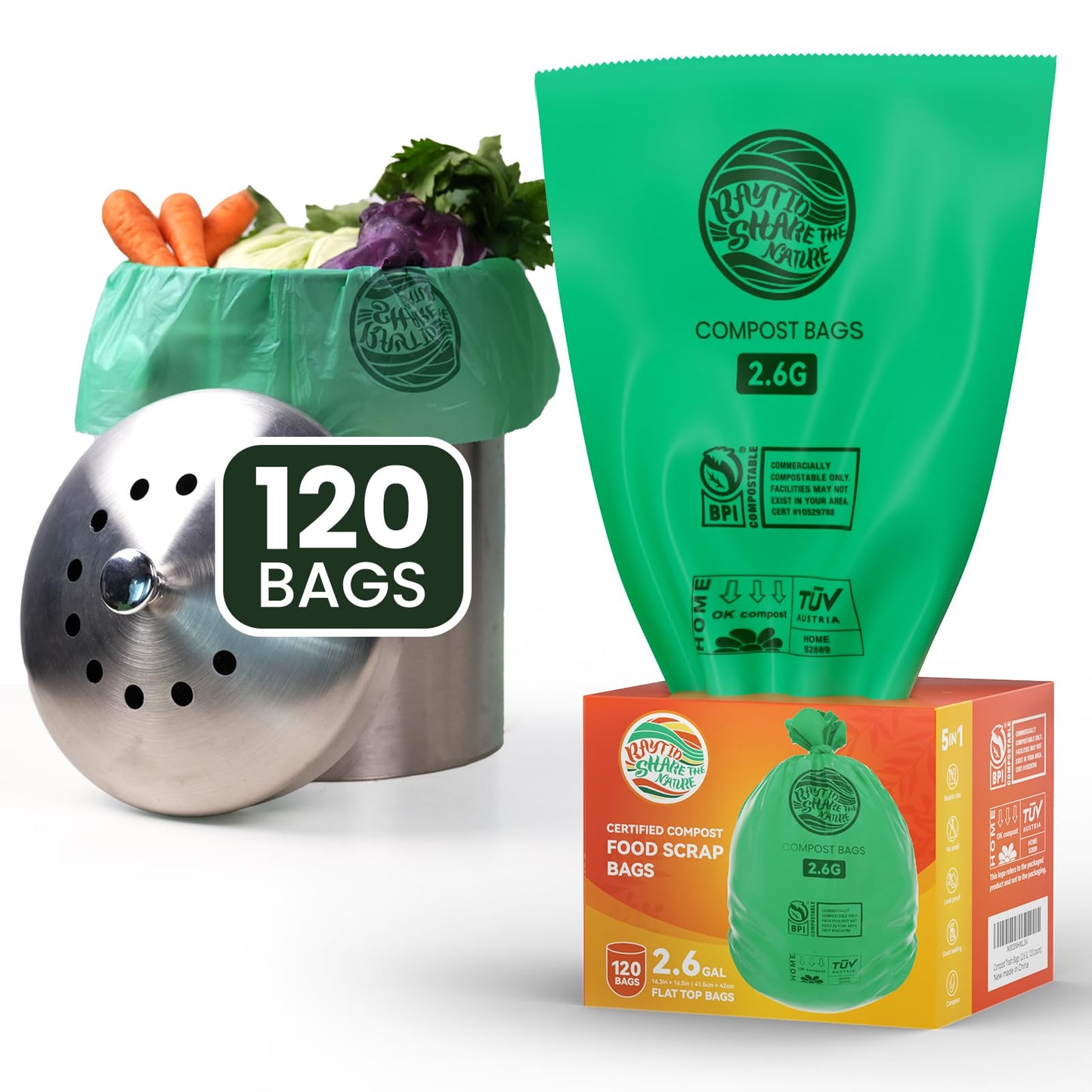 RAYTID Compostable trash Bags 2.6 Gallon Compost Bags for Kitchen Countertop Bin 1.3,2,3, Gallon, 120 Count,Small Kitchen Food Scrap Waste Bags,ASTM D6400, US BPI & Europe OK Compost Home Certified