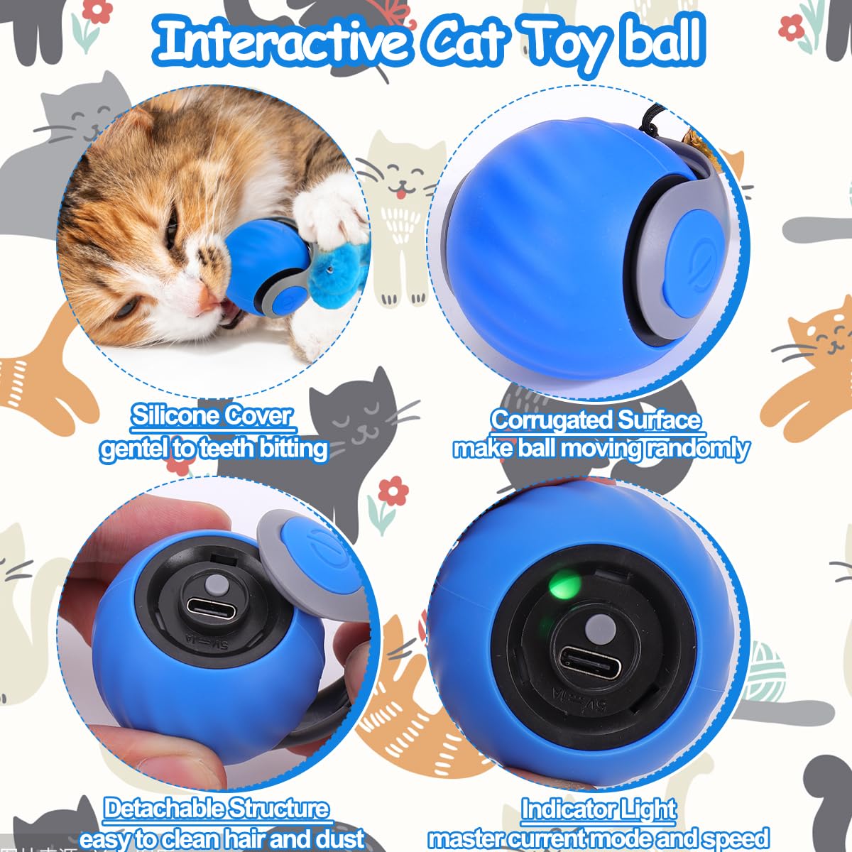 Interactive Cat Toy Ball - Speedy Cat Toys for Indoor Cats with Feather Tails for Chasing, Moving Stimulation Smart Cat Toy for Enrichment, Motion Activated Automatic Rolling Toys to Keep Them Busy