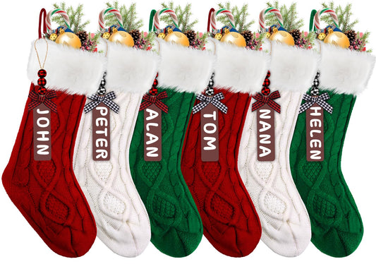 XIMISHOP 6PACK Christmas Stockings,18Inches Large Cable Knitted Stocking Personalized Xmas Hanging Stocking Decorations with Name Tags for Holiday Christmas Party Family Decor(Green Red White