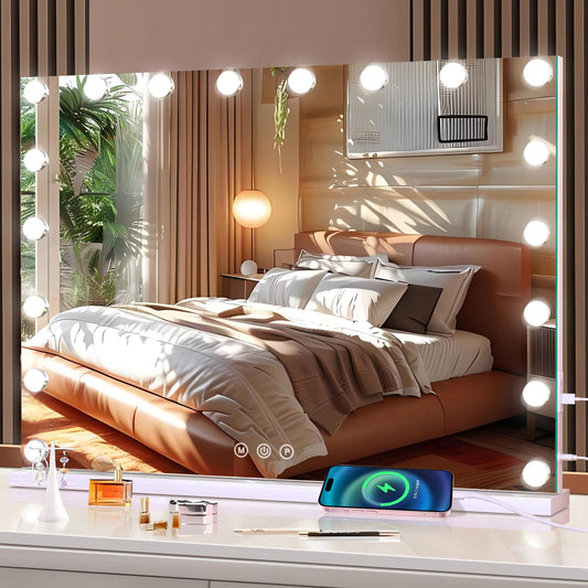 halumao Vanity Mirror with Lights, Large Makeup Mirror with LED Lights, Smart Touch Dimmable 3-Color Light, Memory Function, USB Charging Port