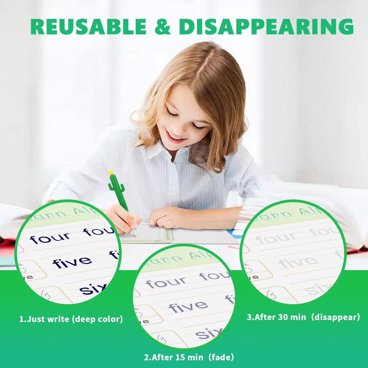 Magic Groove Practice Copybook for Kids, Reusable Writing Practice Book, Grooved Handwriting Book Set for Kids Ages 3-8 Calligraphy 5.59 * 7.91 (5 Medium Books with Cactus Pens & Gift Box)