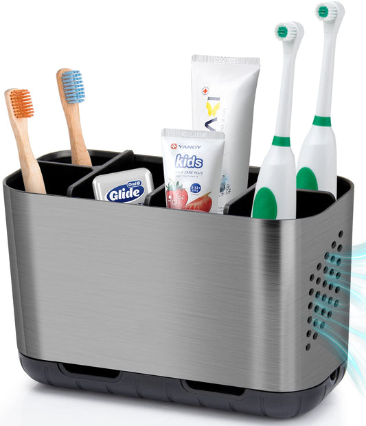 Boperzi Toothbrush and Toothpaste Holder Drainage for Bathroom Countertop with Adjustable Dividers, Large Toothpaste Caddy Organizer Storage Rustic Decor Set Anti-Slip for Shower,Family,Kids Gray