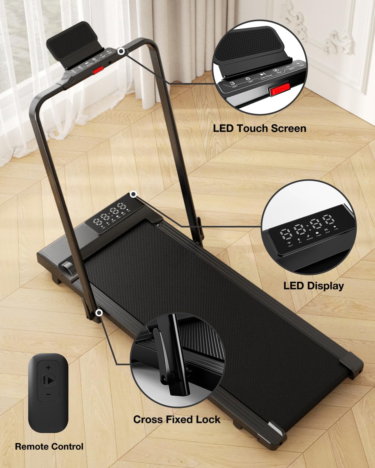 DeerRun 3 in 1 Walking Pad Treadmill, 300 Weight Capacity Foldable Treadmill, 3.0HP Low Noise Under Desk Treadmills for Home Office with Remote & APP