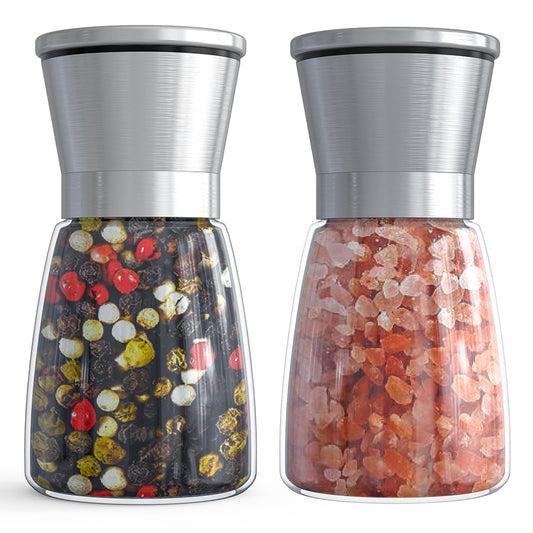 Ebaco Salt and Pepper Grinder Set - Refillable Grinder Adjustable Coarseness of Pepper Salt Spice Stainless Steel Mills Glass 6oz（2 Pack）