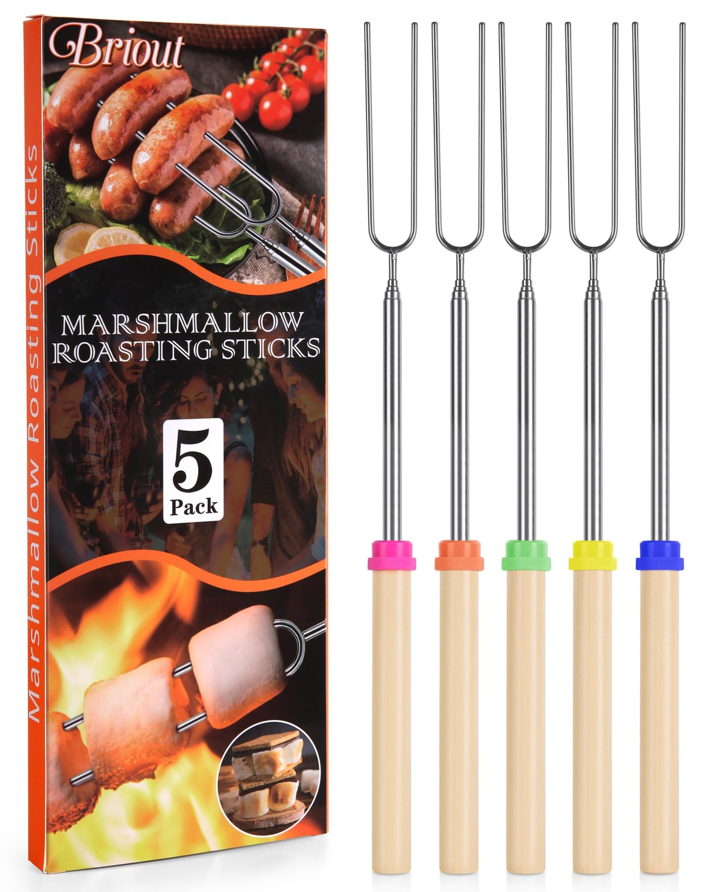 Briout Extendable Stainless Steel Roasting Sticks - Smores Sticks for Fire Pit Long 32 Inch, Smore Skewers Hot Dog Fork Campfire Accessories, Camping Essentials for S'mores - 10 Pack