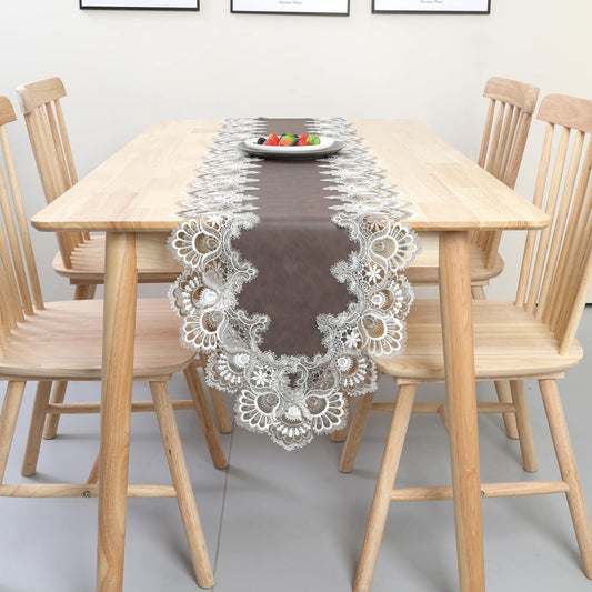 Vintage Lace Table Runner Macrame Embroidered Floral Table Runners for Kitchen Tabletop Party Decorations (16 x 86 inch, Brown)