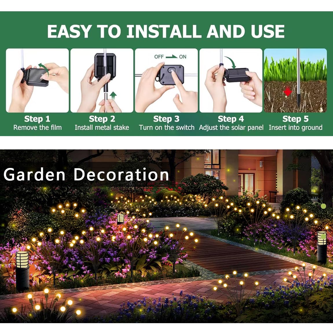 Solar Garden Lights, New Upgraded Solar Swaying Light, Sway by Wind, Solar Outdoor Lights, Firefly Light for Patio Decor, Big Bulb, & Heavy Bulb Base, Warm White(2 Pack)