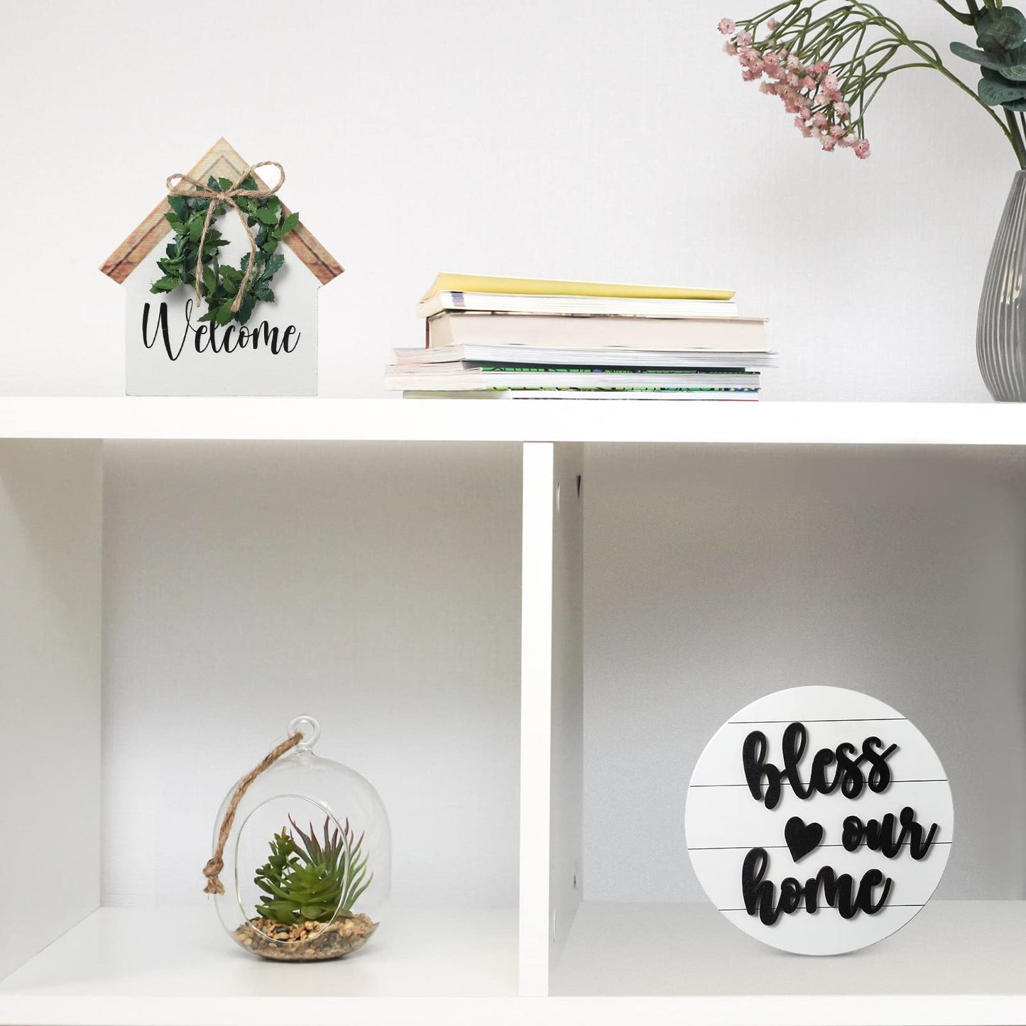 4 Pieces Farmhouse Tiered Tray Decor Set Including House Farmhouse Sign Wooden Small Items Plaid Wood Bead Garland for Home Decor(Simple Style)