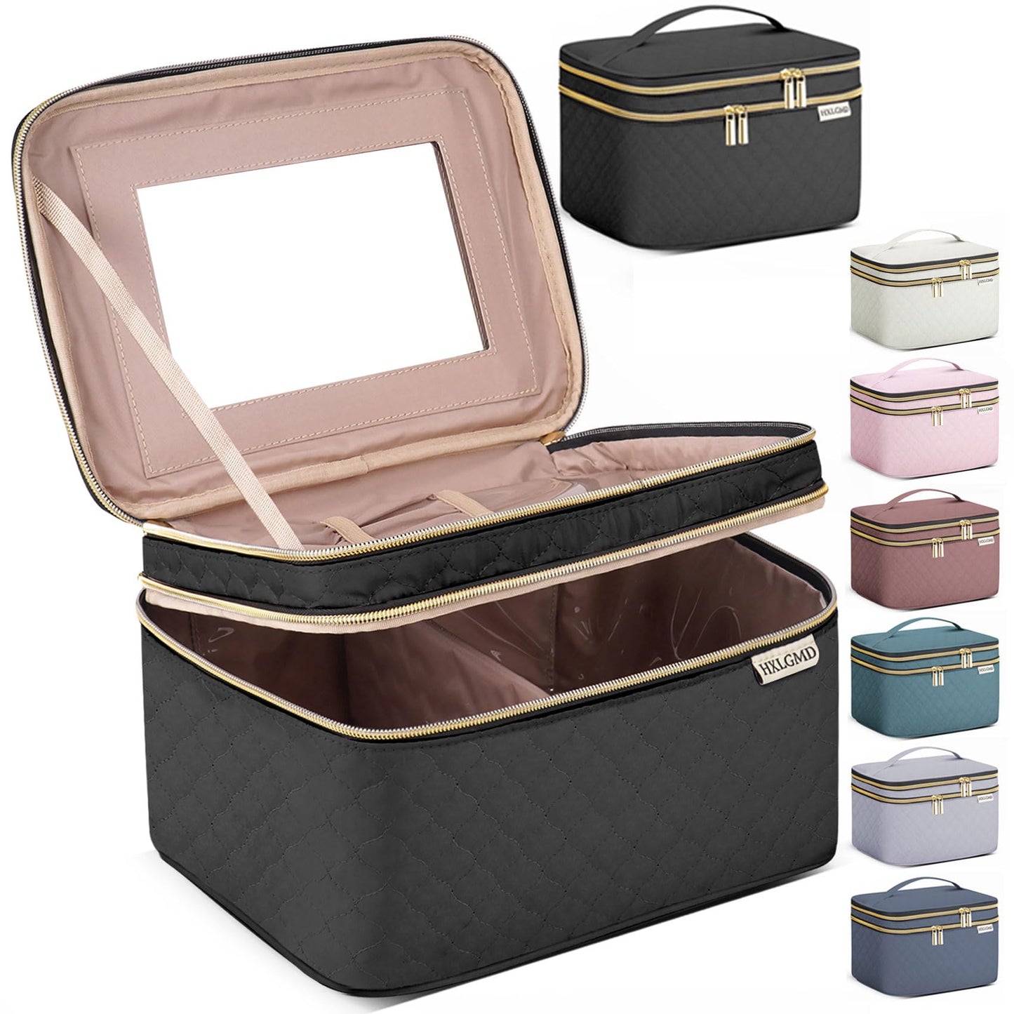 Large Makeup Bag with Mirror Double Layer Travel Make Up Organizer Case, Large Capacity Coemetic with Brush Slot Divider, Travel Toiletry Bag for Women (Pink)