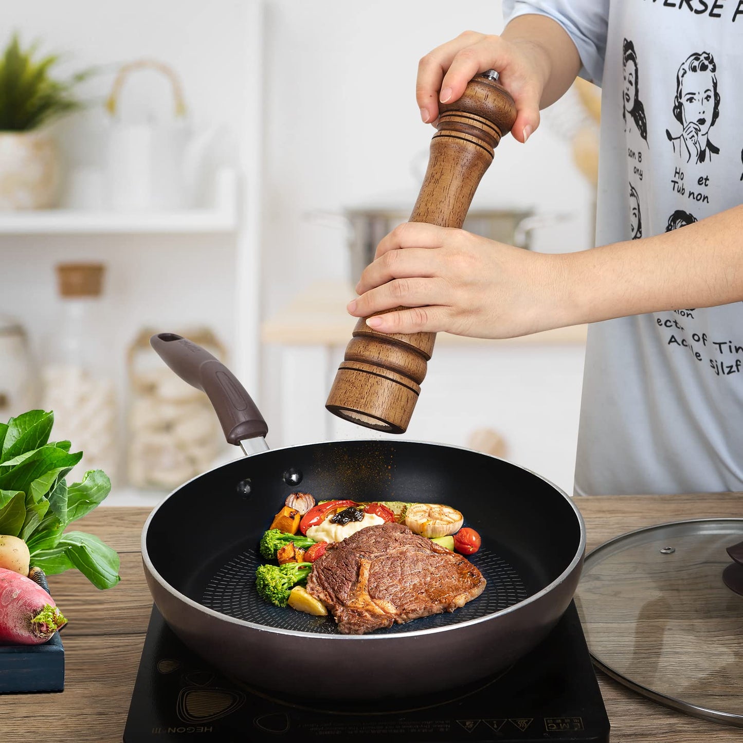 1Pack Wood Pepper Grinder, XWXO 10 Inch Salt Mill Pepper Grinder, Pepper Mill, Salt Shakers with Adjustable Ceramic Rotor - Oak Wood Pepper Grinder for Your Kitchen