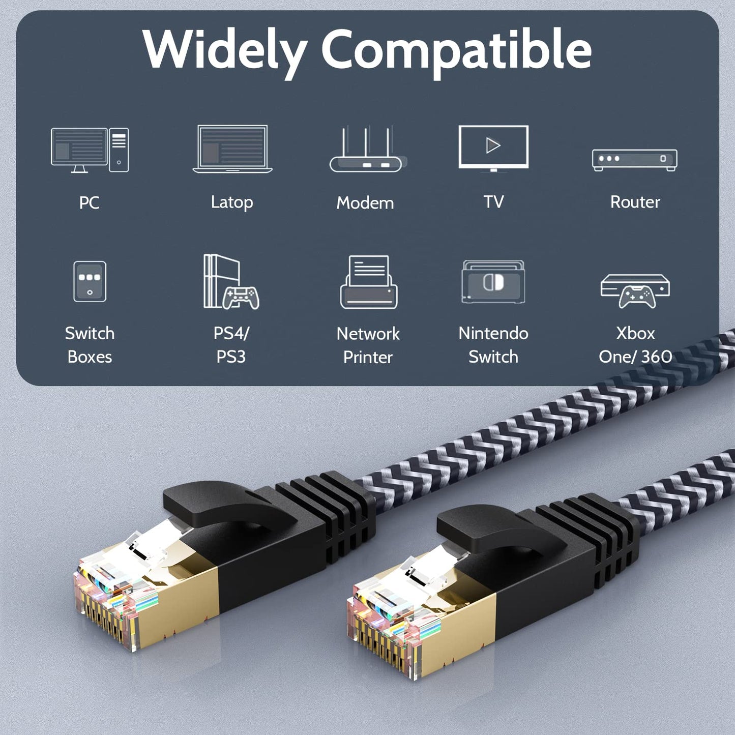 Cat 7 Ethernet Cable - Flat Design, Easy Install, Nylon Braided, More Durable High Speed Internet Cable Network Cord Shielded LAN Cables for Computers, Routers, Switches, and Gaming Consoles - 6.6FT